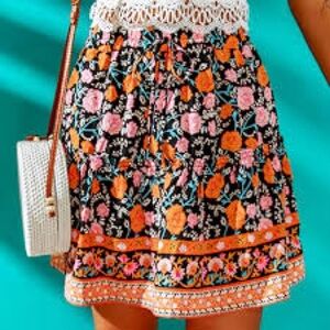 NWOT boutique Floral Tiered Summer Skirt - Black with Orange & Pink Flowers